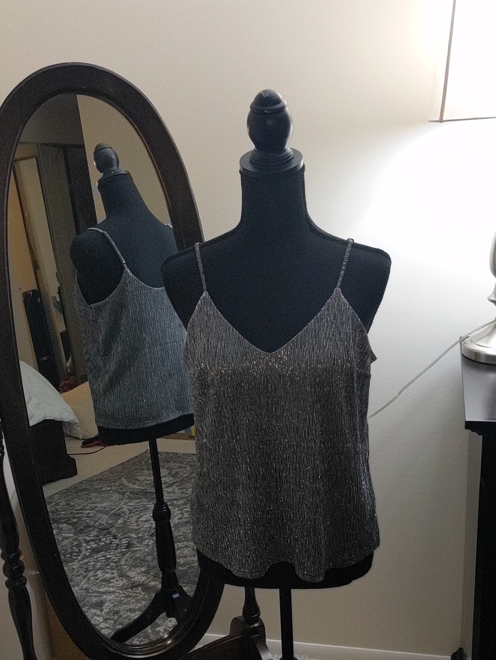 Express Small Metallic Silver Black Cami Tank Top V Neck Party Holiday